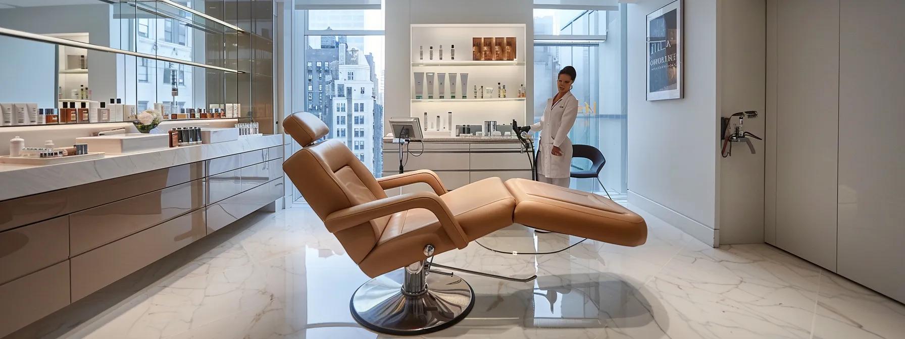 a bustling midtown manhattan waxing salon, elegantly designed with sleek, modern interiors, showcasing a skilled esthetician preparing high-quality wax and luxurious treatment options while a customer relaxes in a chic treatment chair.