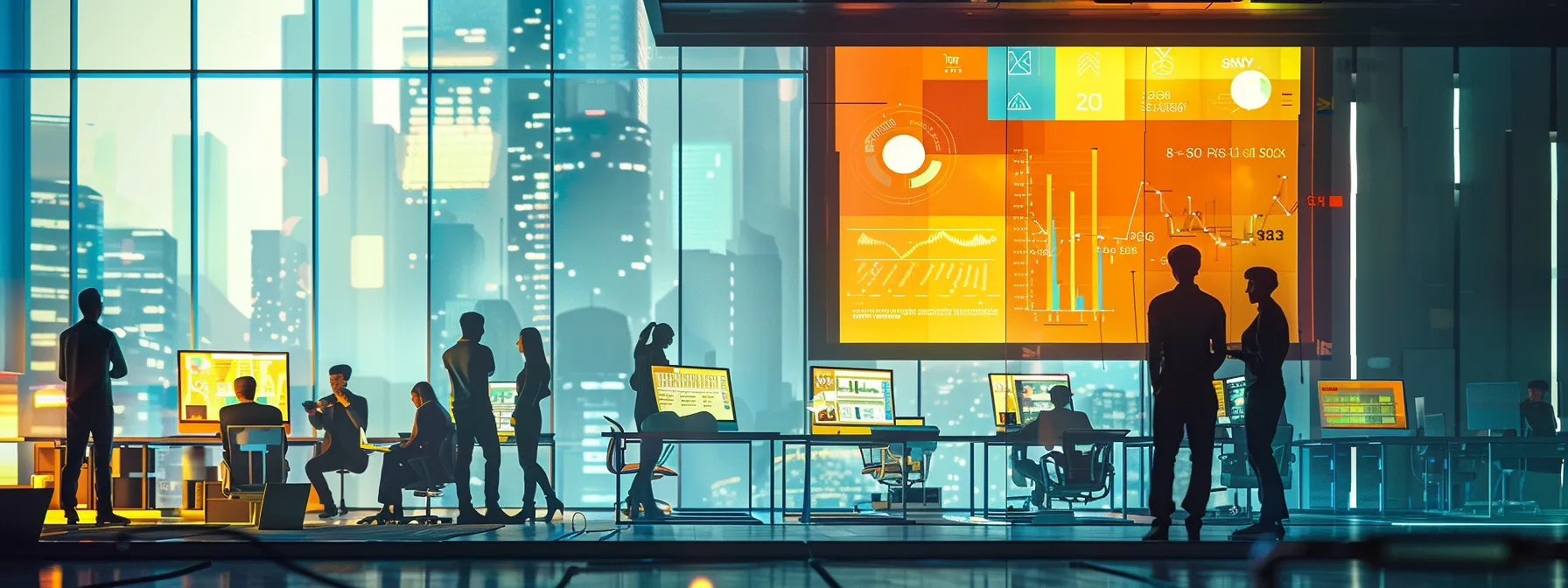 a bustling modern office environment showcases a digital marketing team strategizing over sleek laptops and vibrant graphs on a large screen, embodying the essence of effective pay-per-click campaign planning for asphalt paving companies.