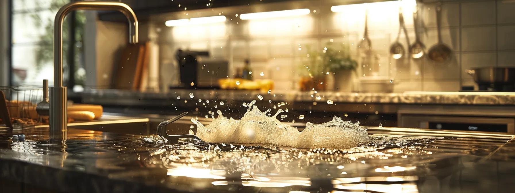 a bustling, modern weybridge kitchen with a distressed sink overflowing with water, highlighting the urgency of a plumbing emergency, illuminated by bright overhead lights reflecting off polished surfaces. a bustling, modern weybridge kitchen with a distressed sink overflowing with water, highlighting the urgency of a plumbing emergency, illuminated by bright overhead lights reflecting off polished surfaces.