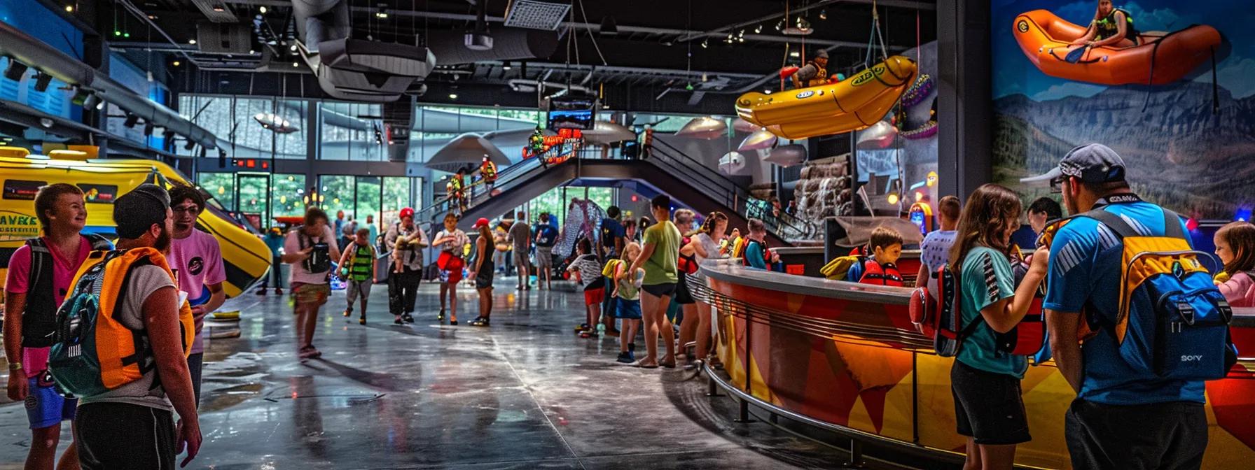 a bustling outdoor adventure center with enthusiastic families checking in at a vibrant reception desk, gearing up with safety equipment and colorful rafting gear under bright, energetic lighting, conveying a sense of excitement and readiness for the rafting experience.