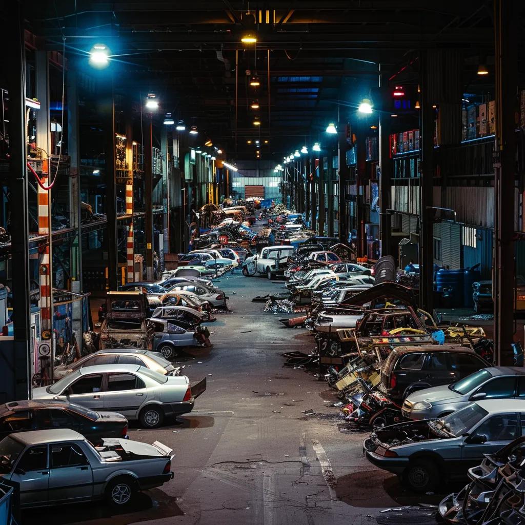 a bustling urban auto recycling facility showcases rows of gleaming car parts and vehicles awaiting dismantling, illuminated by bright industrial lighting, emphasizing the efficient and environmentally friendly practices of qld car wreckers.