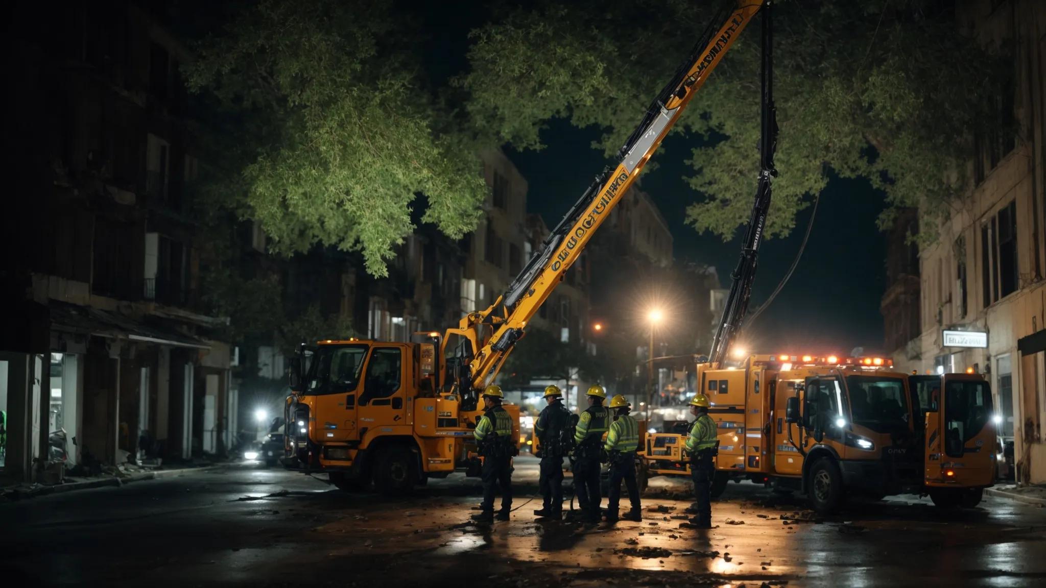a bustling urban emergency response scene depicting a team of skilled arborists assessing a large, precariously leaning tree against a backdrop of damaged buildings, with specialized equipment and a crane ready for immediate action under bright floodlights. a bustling urban emergency response scene depicting a team of skilled arborists assessing a large, precariously leaning tree against a backdrop of damaged buildings, with specialized equipment and a crane ready for immediate action under bright floodlights.
