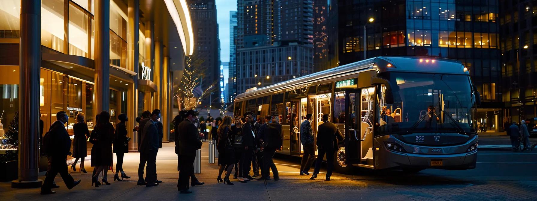 a bustling urban event scene captures a sleek corporate charter bus unloading a group of well-dressed attendees, with a dynamic city backdrop highlighting the efficient logistics and seamless transition between venues. a bustling urban event scene captures a sleek corporate charter bus unloading a group of well-dressed attendees, with a dynamic city backdrop highlighting the efficient logistics and seamless transition between venues.