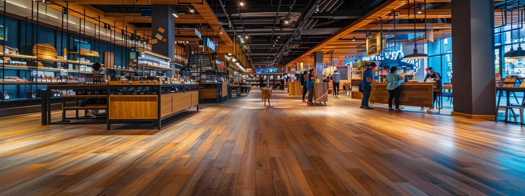 a bustling urban flooring shop showcases a diverse array of high-quality flooring options, with knowledgeable staff engaging with customers amid vibrant displays of engineered wood and modern tile designs, all under bright, focused lighting that highlights the textures and colors of the products.