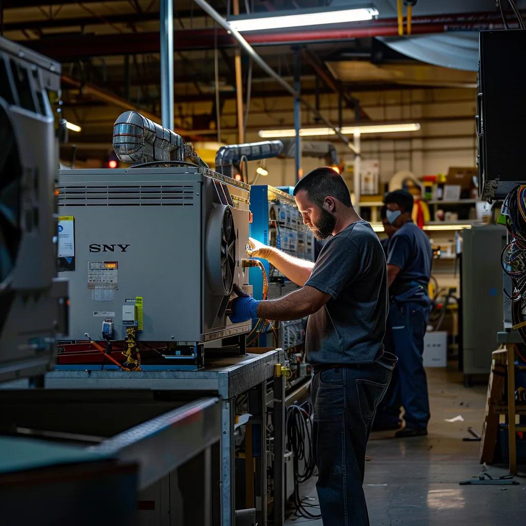a bustling urban hvac service center, featuring technicians efficiently diagnosing and repairing heating and cooling units amid a backdrop of tools and equipment, illuminated by bright overhead lights.