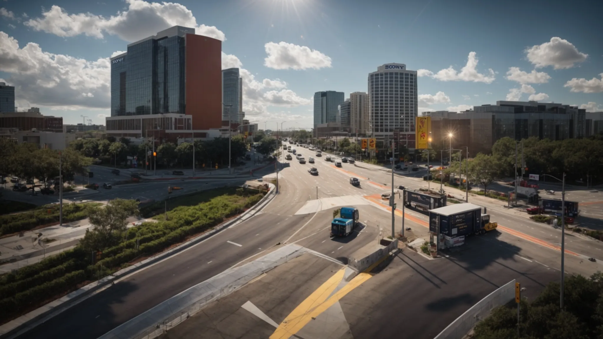 a bustling urban intersection in wesley chapel, showcasing bright construction barriers and warning signs amidst heavy traffic, with commuters navigating the detours under the shadows of new high-rise developments.
