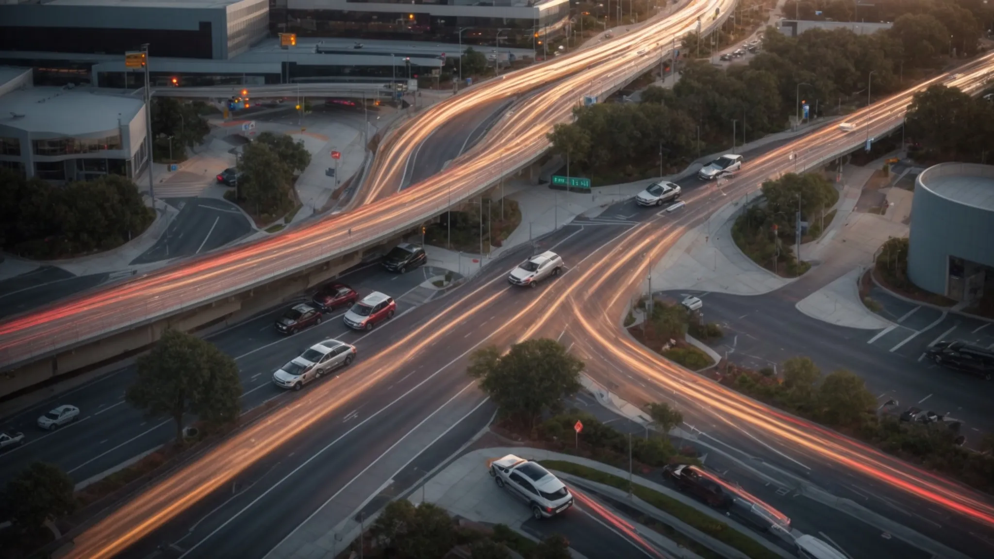 a bustling urban intersection in wesley chapel showcases a diverse array of commuters utilizing carpool lanes, ridesharing vehicles, and clearly marked alternative route signs, capturing the essence of innovative traffic solutions amidst peak hour congestion.
