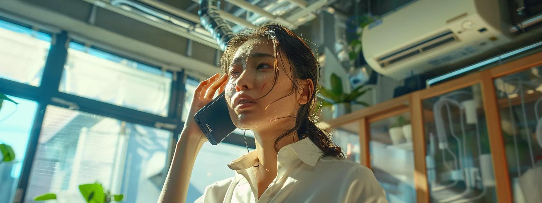 a bustling urban office setting features a distraught employee on the phone with an emergency ac repair service, sweat glistening on their forehead as they stand next to a malfunctioning air conditioner during a sweltering heatwave.