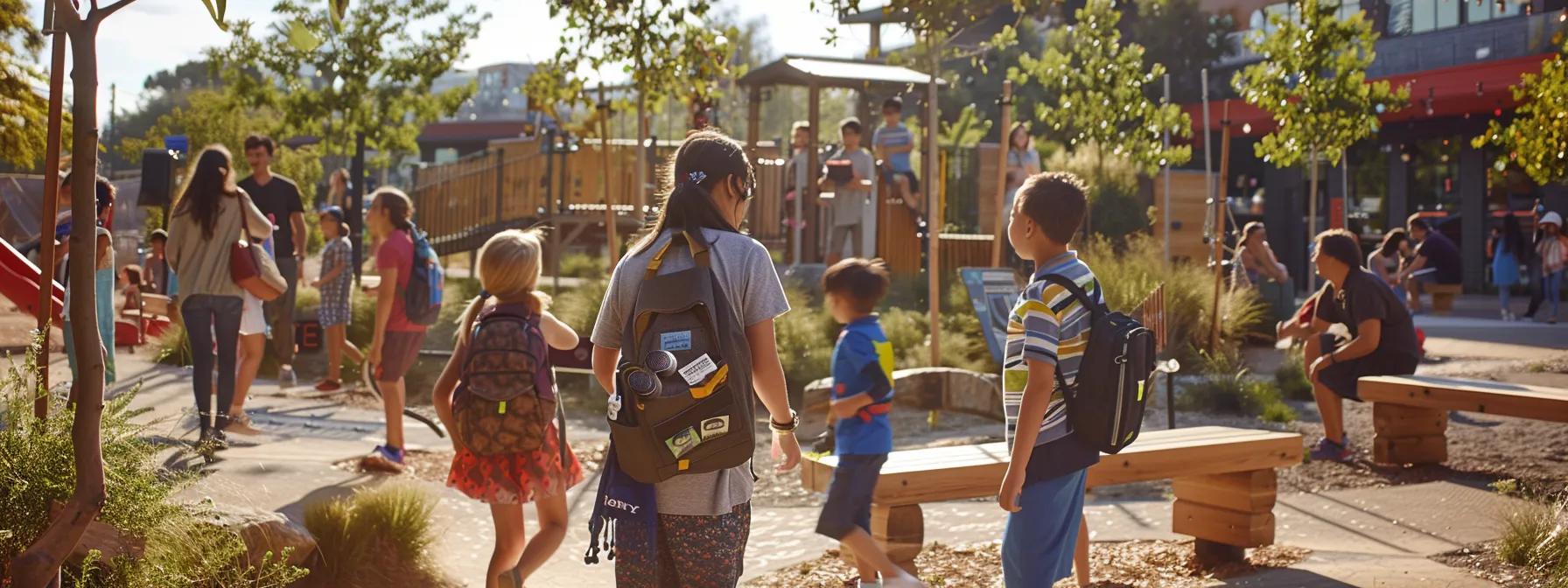 a bustling urban playground scene depicts children confidently wearing stylish identification bracelets, while a parent reviews colorful, laminated identification cards with essential contact information, set against a backdrop of nearby adults engaged in lively conversations about child safety. a bustling urban playground scene depicts children confidently wearing stylish identification bracelets, while a parent reviews colorful, laminated identification cards with essential contact information, set against a backdrop of nearby adults engaged in lively conversations about child safety.