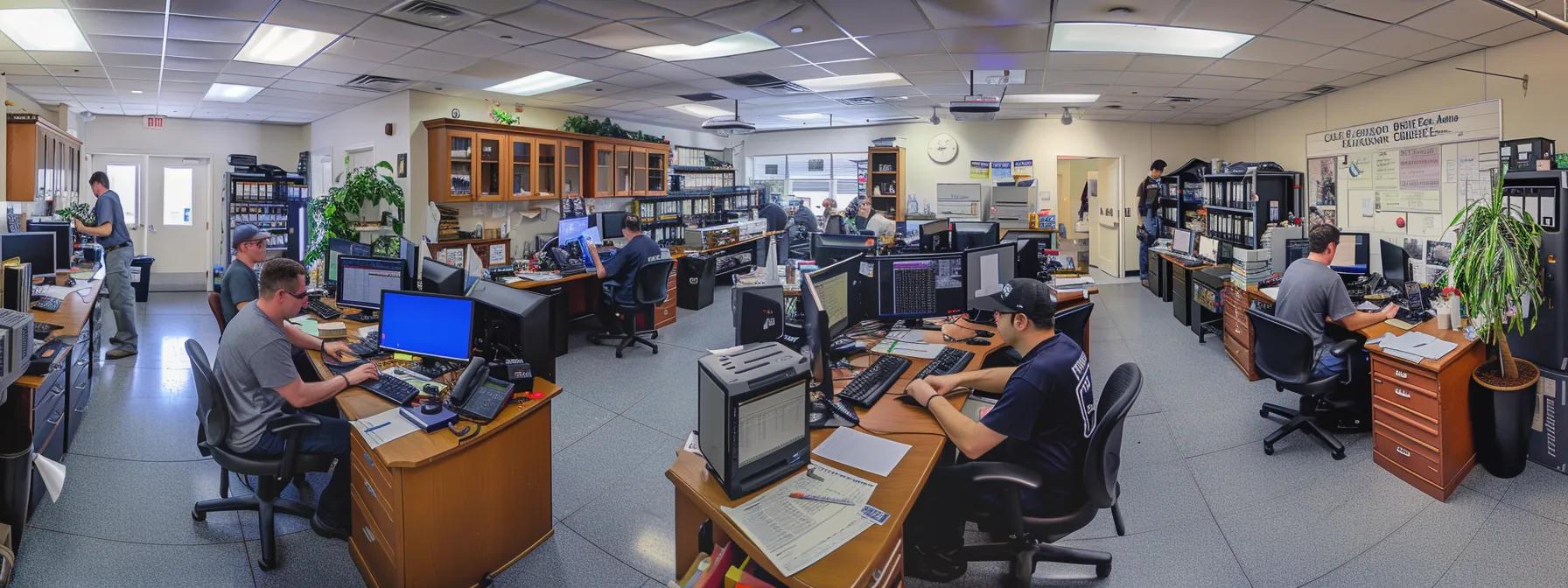 a bustling winchendon office filled with technicians efficiently diagnosing hvac systems, showcasing advanced tools and equipment amid an atmosphere of urgency and professionalism.