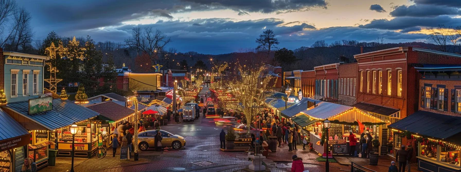 a bustling winter holiday market in downtown blue ridge, georgia, showcases vibrant vendor stalls adorned with twinkling lights, where families joyfully engage in festive shopping and share warm seasonal treats amidst a backdrop of colorful decorations and a community atmosphere. a bustling winter holiday market in downtown blue ridge, georgia, showcases vibrant vendor stalls adorned with twinkling lights, where families joyfully engage in festive shopping and share warm seasonal treats amidst a backdrop of colorful decorations and a community atmosphere.