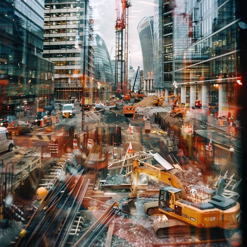 Busy London construction site with builders and equipment, highlighting urban building complexities and costs