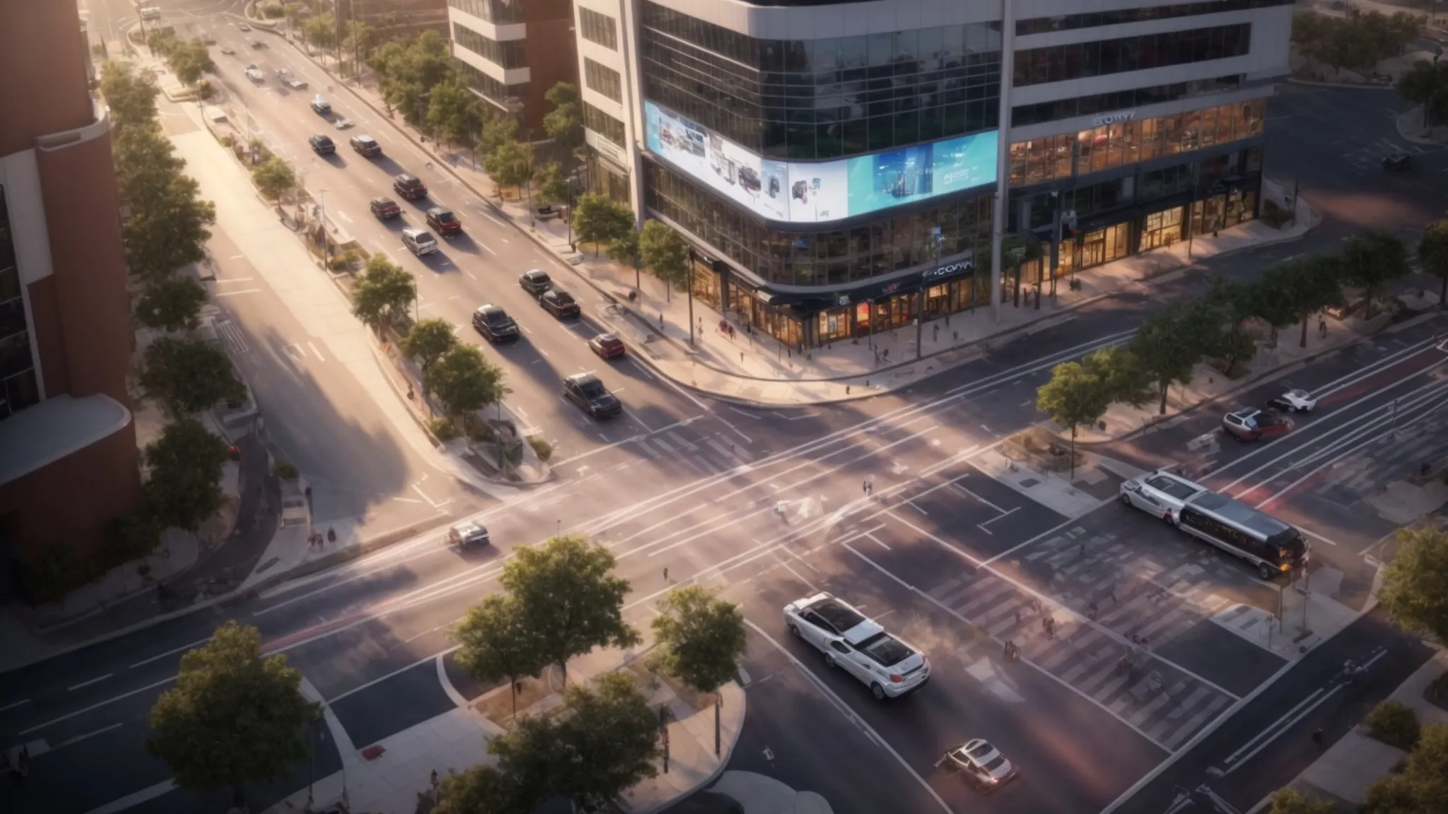 a busy urban intersection in wesley chapel, featuring a dynamic flow of vehicles and pedestrians, surrounded by modern infrastructure and digital traffic projection displays illustrating anticipated congestion and improvements in urban planning.