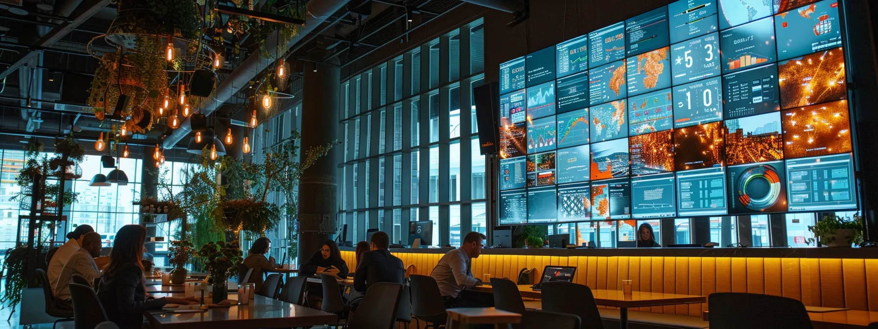 a busy urban office setting features a diverse team intensely collaborating over a large digital screen displaying marketing metrics and strategic goals, highlighting the crucial distinction between activities and outcomes in their campaign planning.