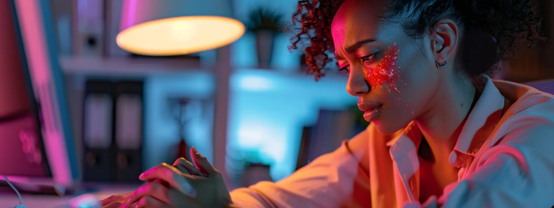 a candid office scene captures a concerned homeowner examining red, irritated skin on their forearm under bright fluorescent lights, highlighting the stark contrast between discomfort and the sterile environment that emphasizes the seriousness of mold-related skin reactions. a candid office scene captures a concerned homeowner examining red, irritated skin on their forearm under bright fluorescent lights, highlighting the stark contrast between discomfort and the sterile environment that emphasizes the seriousness of mold-related skin reactions.