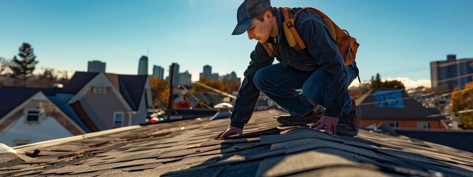 a candid, realistic shot of a professional inspector examining a roof with missing shingles and visible water damage, set against the backdrop of an urban skyline under a clear blue sky. a candid, realistic shot of a professional inspector examining a roof with missing shingles and visible water damage, set against the backdrop of an urban skyline under a clear blue sky.