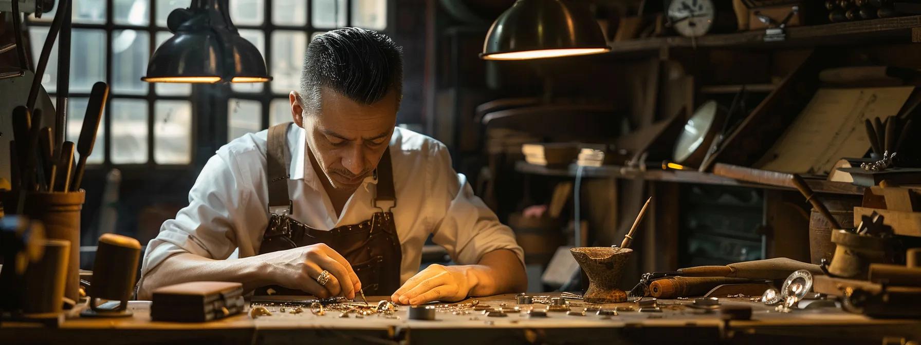 a candid shot of an artisan focused intently at a workbench, surrounded by intricate tools and personalized ring designs, showcasing the collaboration and creativity involved in crafting unique, bespoke jewelry pieces. a candid shot of an artisan focused intently at a workbench, surrounded by intricate tools and personalized ring designs, showcasing the collaboration and creativity involved in crafting unique, bespoke jewelry pieces.