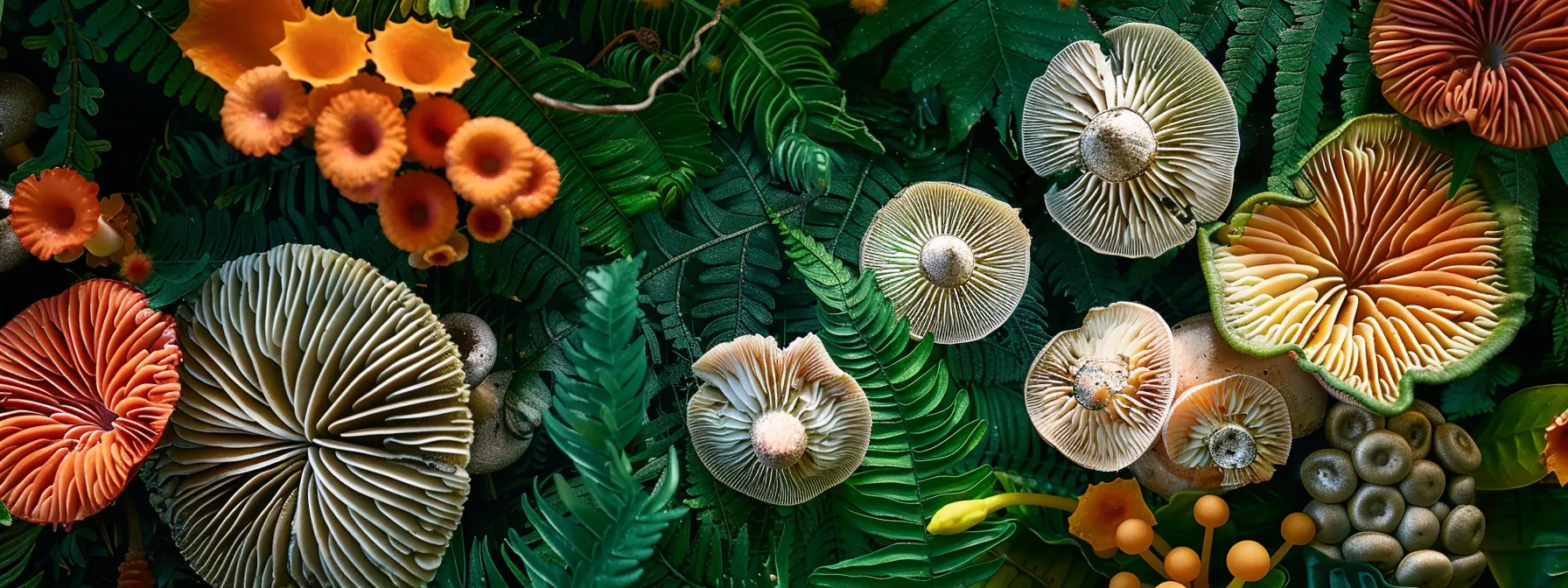 a captivating close-up of vibrant mushroom boosters arranged artfully, surrounded by lush greenery, highlighting their natural allure and wellness benefits in soft, diffused daylight.