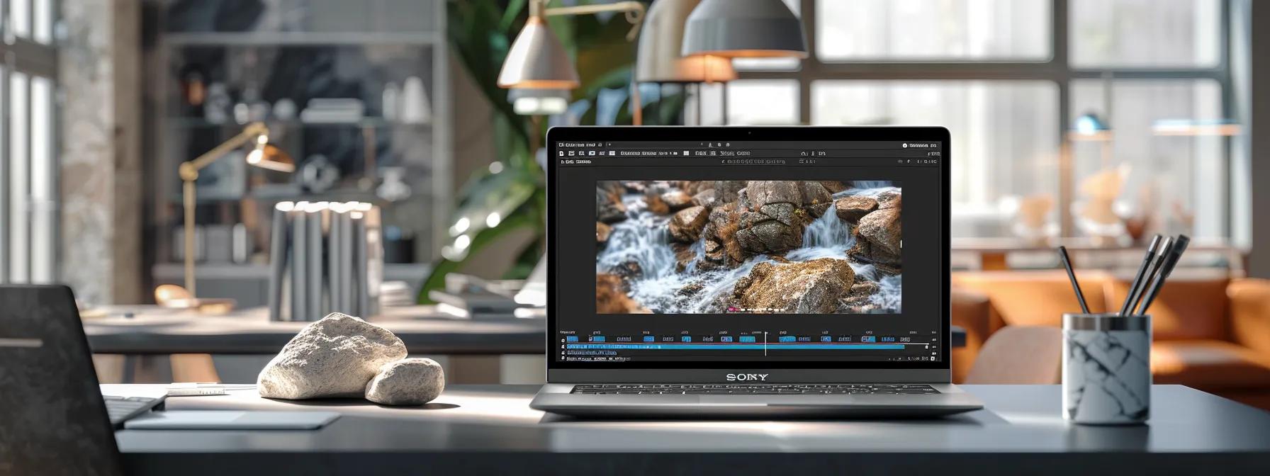 a captivating digital interface displayed on a sleek laptop in a modern office setting shows a side-by-side comparison of high-resolution images and specifications for various large stone rocks available for sale, highlighting their distinct colors and textures against a backdrop of vibrant, contemporary furniture.