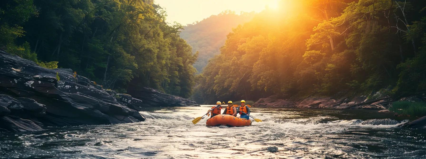 a captivating, dynamic scene of a group of adventurous rafters navigating through the exhilarating white-water rapids of a tennessee river under the glow of sunset, showcasing the thrill and camaraderie of an overnight rafting trip.