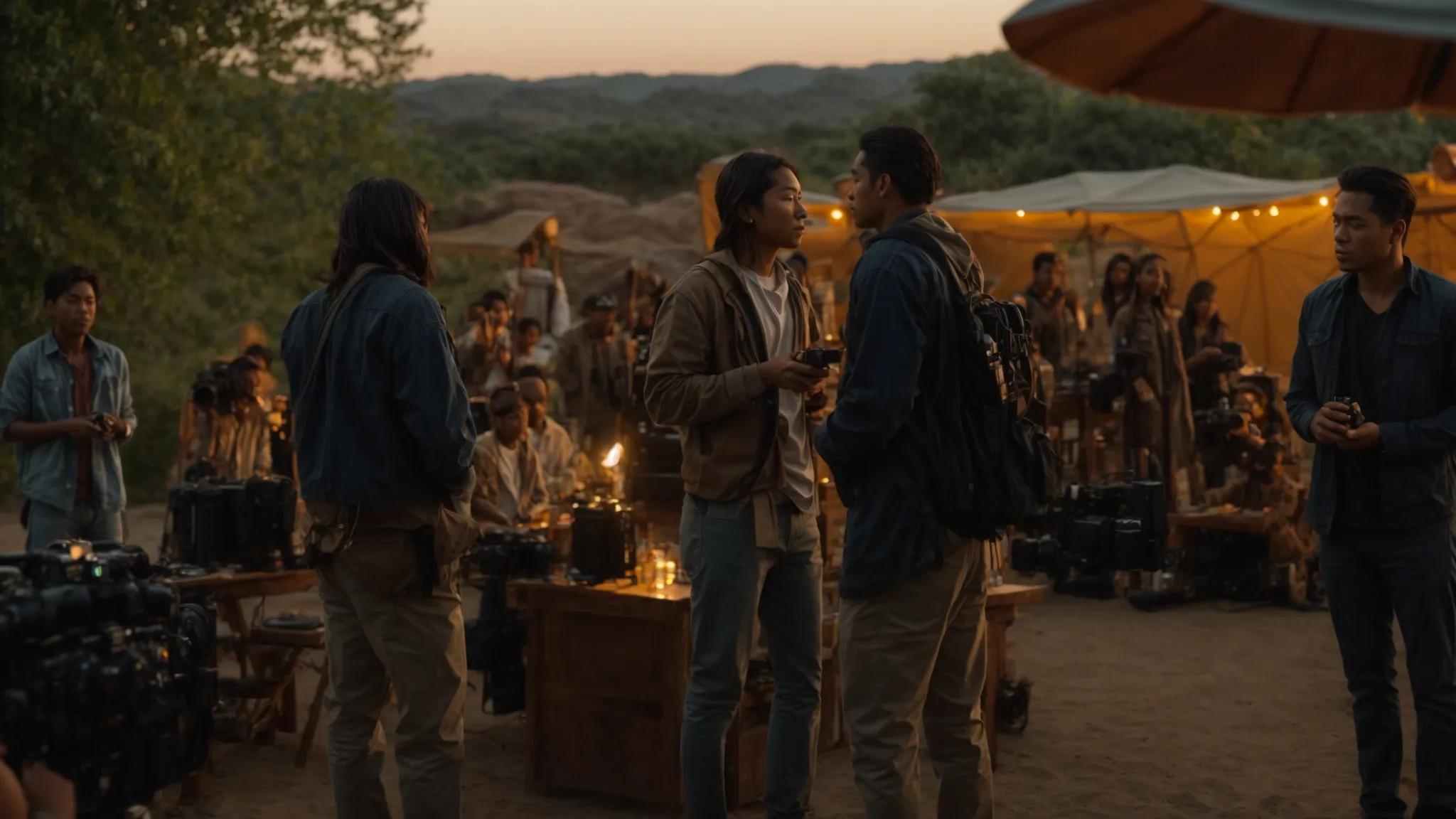 a captivating still of a filmmaker passionately directing a diverse group of actors on a vibrant outdoor set, surrounded by cinematic equipment, with warm golden hour lighting enhancing the emotional depth of their storytelling. a captivating still of a filmmaker passionately directing a diverse group of actors on a vibrant outdoor set, surrounded by cinematic equipment, with warm golden hour lighting enhancing the emotional depth of their storytelling.