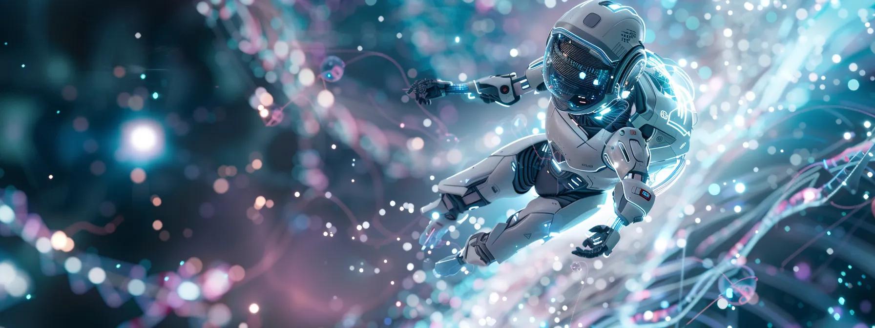 capture a futuristic scene with a sleek ai robot floating amidst a cosmic landscape of swirling data streams and shimmering light particles, illuminated by a vibrant white and teal palette with purple highlights, symbolizing the cutting-edge integration of ai seo and aeo in the evolution of search technology.
