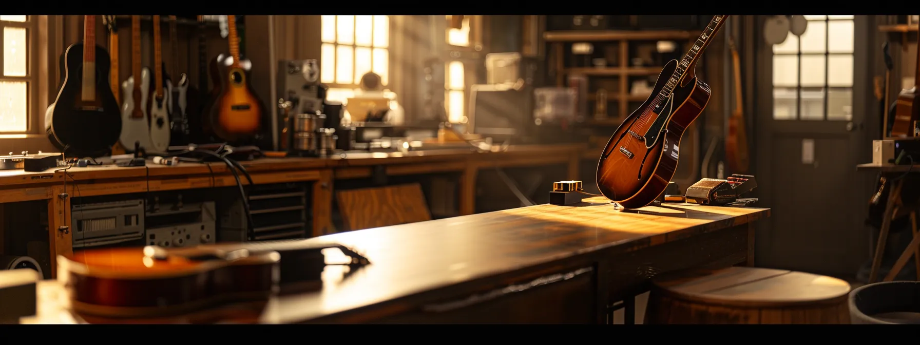 capture a hyper-realistic view of a meticulously organized mythic guitar company workshop, featuring a gleaming guitar body prepared for repairs, illuminated with warm cinematic lighting that accentuates the rich wood and metal textures, while prominently showcasing odyssey guitar pickups. capture a hyper-realistic view of a meticulously organized mythic guitar company workshop, featuring a gleaming guitar body prepared for repairs, illuminated with warm cinematic lighting that accentuates the rich wood and metal textures, while prominently showcasing odyssey guitar pickups.