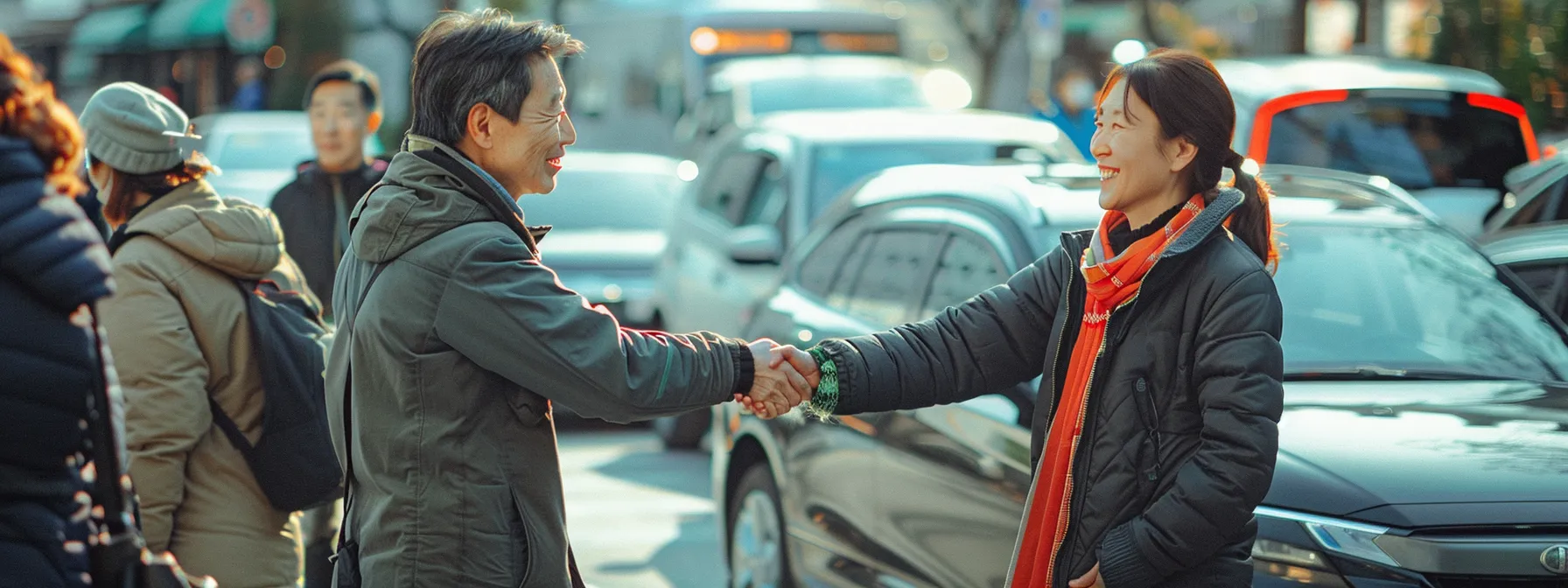 a car seller shaking hands with a smiling local buyer in a bustling community event, surrounded by other potential buyers browsing nearby vehicles. a car seller shaking hands with a smiling local buyer in a bustling community event, surrounded by other potential buyers browsing nearby vehicles.