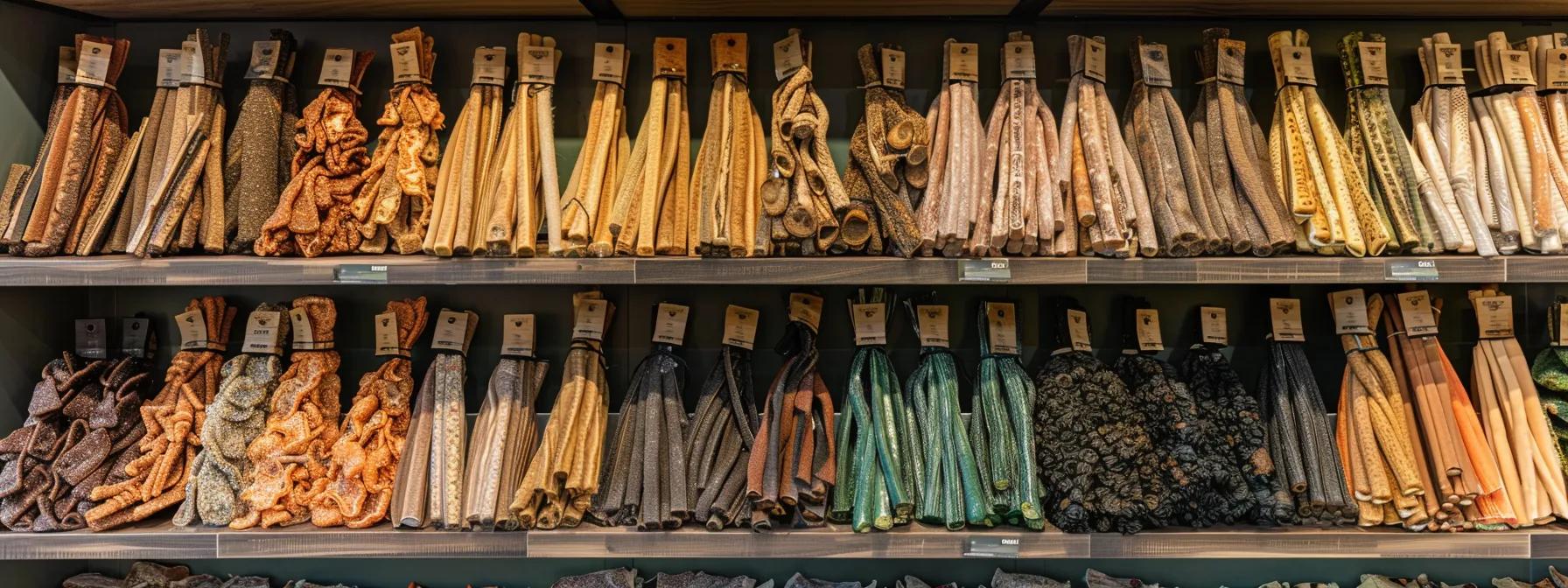 a carefully arranged display of various rawhide alternatives in an upscale pet store, showcasing options like bully sticks, elk antlers, and colorful vegetable-based chews on sleek wooden shelves under warm led lighting, conveying a message about tailored pet nutrition choices. a carefully arranged display of various rawhide alternatives in an upscale pet store, showcasing options like bully sticks, elk antlers, and colorful vegetable-based chews on sleek wooden shelves under warm led lighting, conveying a message about tailored pet nutrition choices.