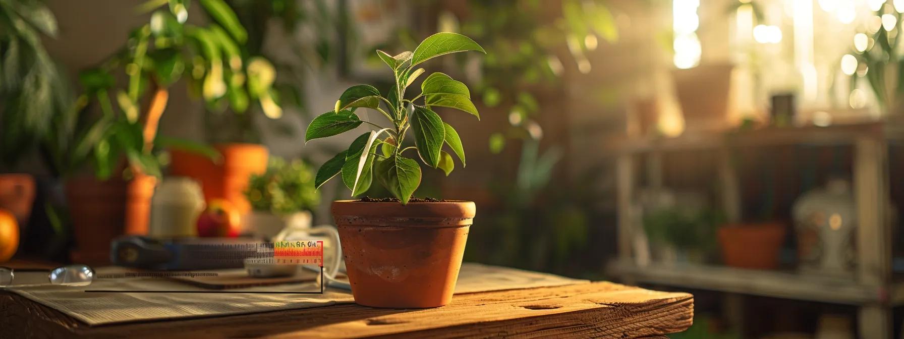 a carefully arranged indoor gardening workspace features a vibrant prairie fire crabapple sapling in a planting pot, with depth measurement tools and illustrated guides strategically placed, highlighting the importance of ideal planting depth for optimal growth. a carefully arranged indoor gardening workspace features a vibrant prairie fire crabapple sapling in a planting pot, with depth measurement tools and illustrated guides strategically placed, highlighting the importance of ideal planting depth for optimal growth.