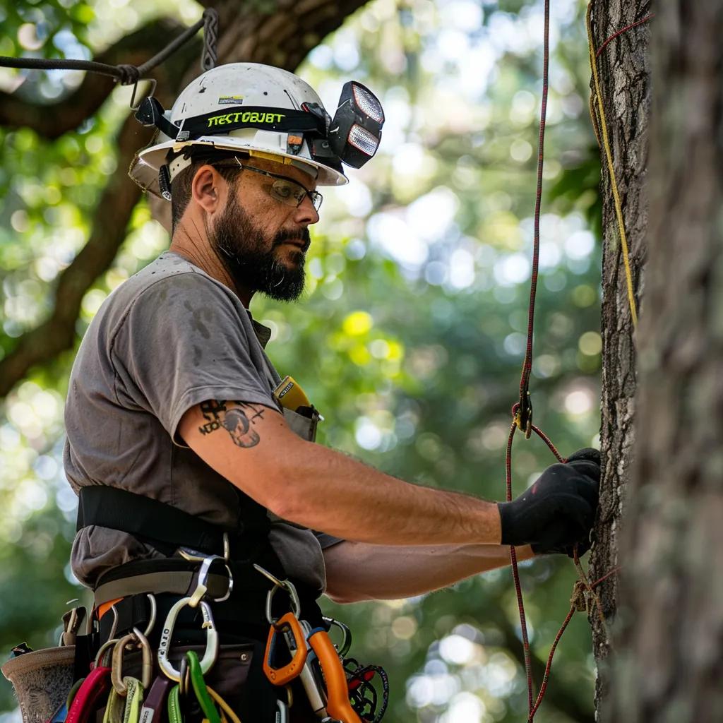 Certified arborist conducting a tree health assessment in a lush green environment