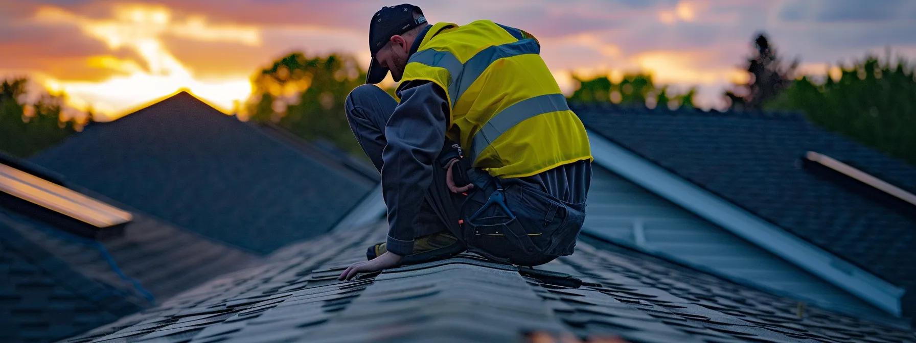 a certified roofing contractor inspects a sloped roof, carefully examining the intricate details of flashings and valleys under bright artificial lighting, with safety equipment visibly placed nearby, conveying the thoroughness of a professional inspection. a certified roofing contractor inspects a sloped roof, carefully examining the intricate details of flashings and valleys under bright artificial lighting, with safety equipment visibly placed nearby, conveying the thoroughness of a professional inspection.