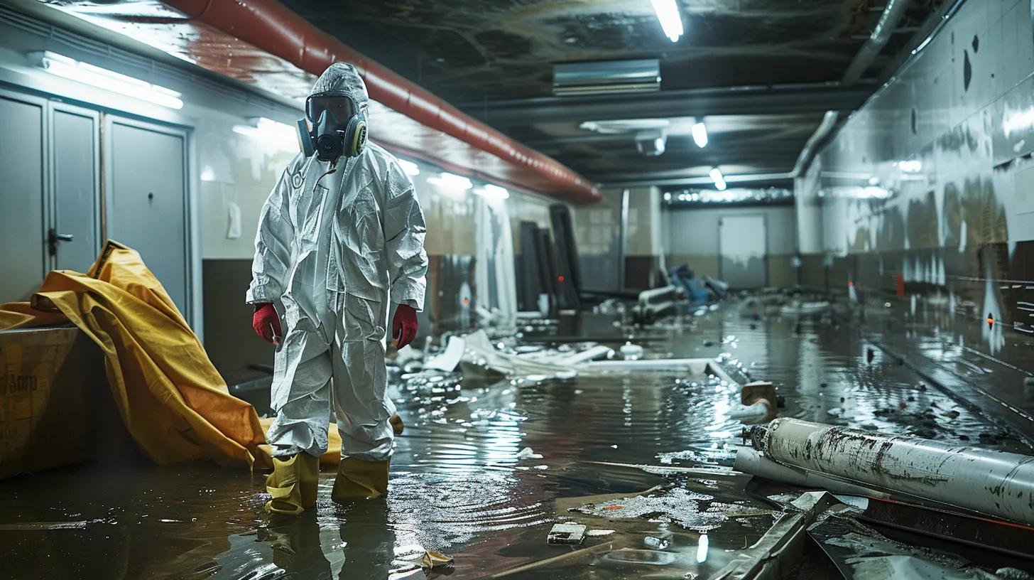 a certified technician in protective gear inspects a water-damaged room filled with equipment, creating a vivid contrast between the chaos of destruction and the methodical restoration process under bright fluorescent lighting.