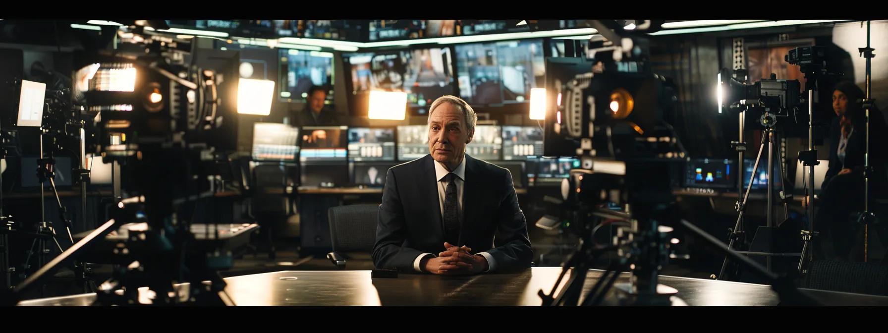 a charismatic ceo confidently delivers a compelling interview on a bustling new york city television set, surrounded by sleek studio lights and dynamic screens, capturing the essence of the city's vibrant media environment.