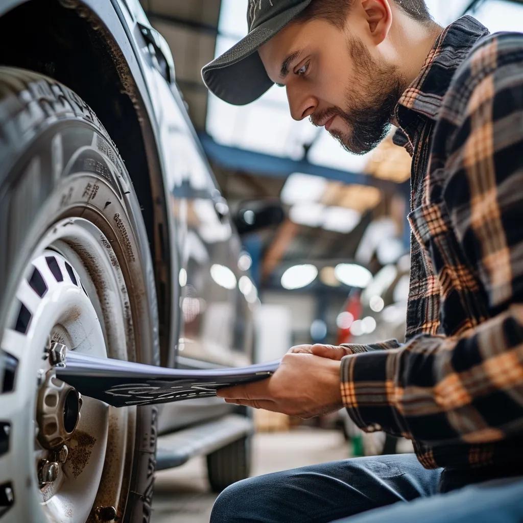 Mechanic reviewing checklist for Uber vehicle inspection compliance in Queensland