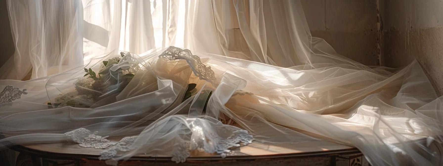 a chic bridal studio showcases a stunning array of luxurious veil materials draped elegantly over a polished table, highlighted by soft, warm lighting that accentuates the intricate textures of lace and tulle, capturing the essence of custom bridal elegance. a chic bridal studio showcases a stunning array of luxurious veil materials draped elegantly over a polished table, highlighted by soft, warm lighting that accentuates the intricate textures of lace and tulle, capturing the essence of custom bridal elegance.