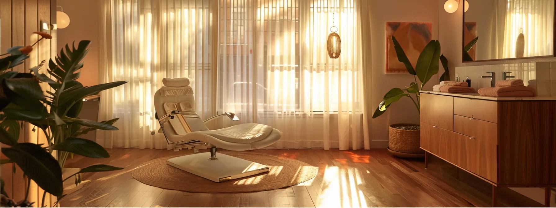 a chic brooklyn waxing salon warmly lit with modern decor features a client relaxing in a comfortable treatment chair, while a professional esthetician prepares for a brazilian wax appointment, emphasizing a hygienic and inviting atmosphere.