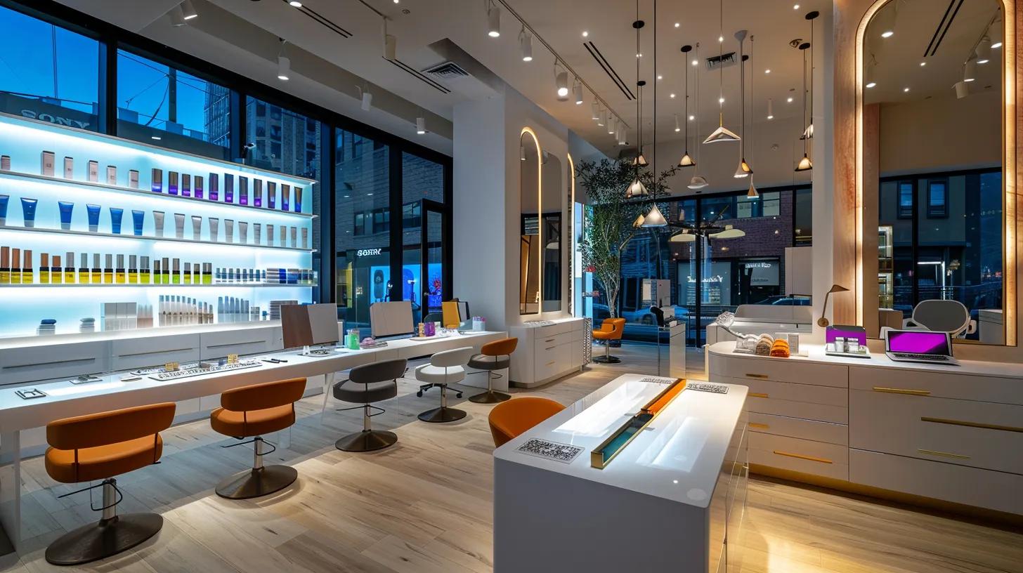 a chic, modern beauty salon interior is illuminated by soft, ambient lighting, showcasing two elegantly arranged workstations: one featuring a pristine brow threading setup with colorful threads and precision tools, while the other displays a sleek tweezing station with polished mirrors and artistic decor, emphasizing the contrasting techniques of brow grooming.