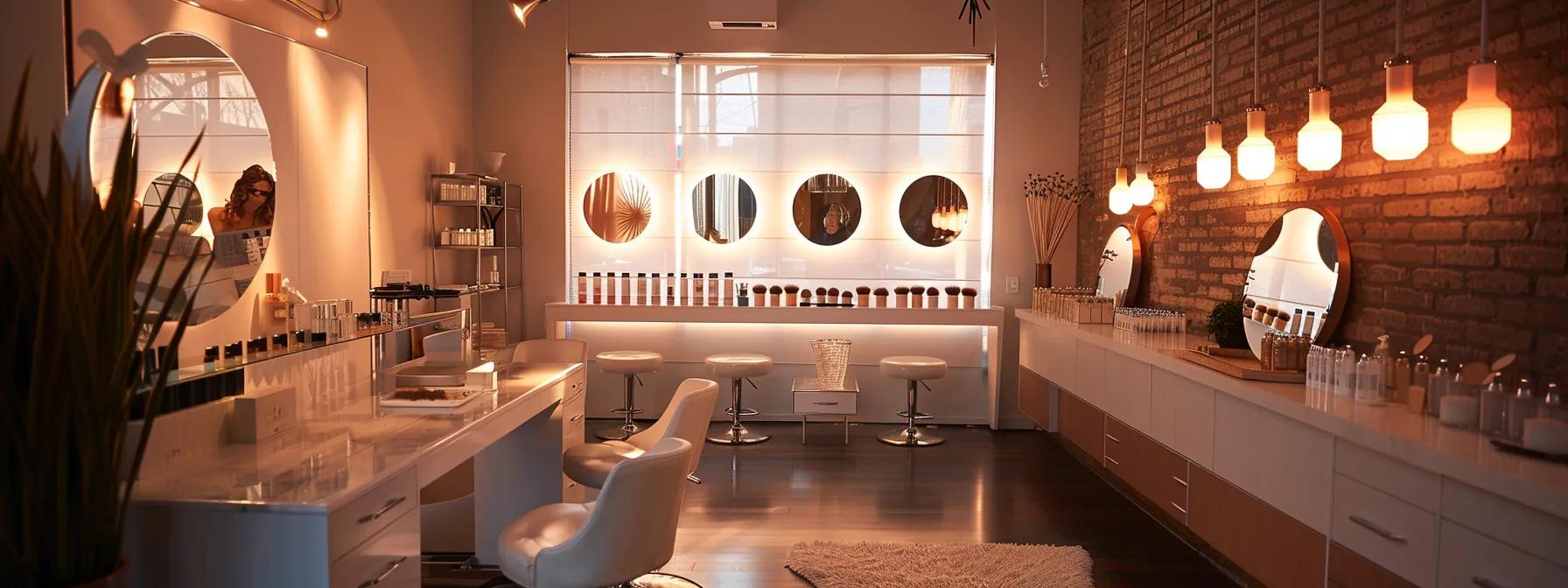 a chic, modern beauty studio in brooklyn showcases a luxurious brow threading station, featuring elegant decor, soft ambient lighting, and an inviting atmosphere that emphasizes precision and skill in brow artistry.