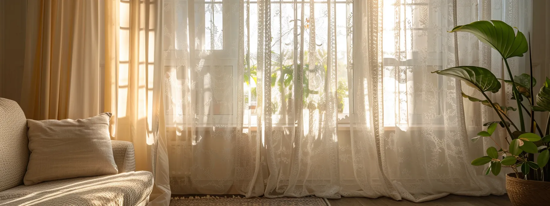 a chic, modern living room showcases elegant sheer window curtain panels gracefully draping alongside a sunlit window, highlighting the delicate textures of white lace and the refined grommet headers, creating an inviting atmosphere perfect for any stylish decor.