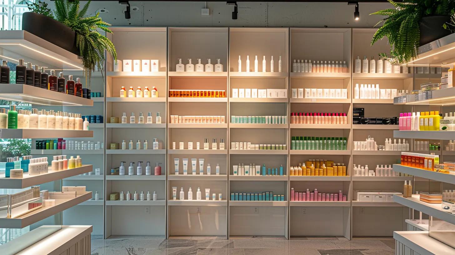 a chic, modern salon interior showcases a curated display of vibrant organic and vegan haircare products, elegantly arranged on minimalist shelves under soft, ambient lighting that highlights their eco-friendly packaging.