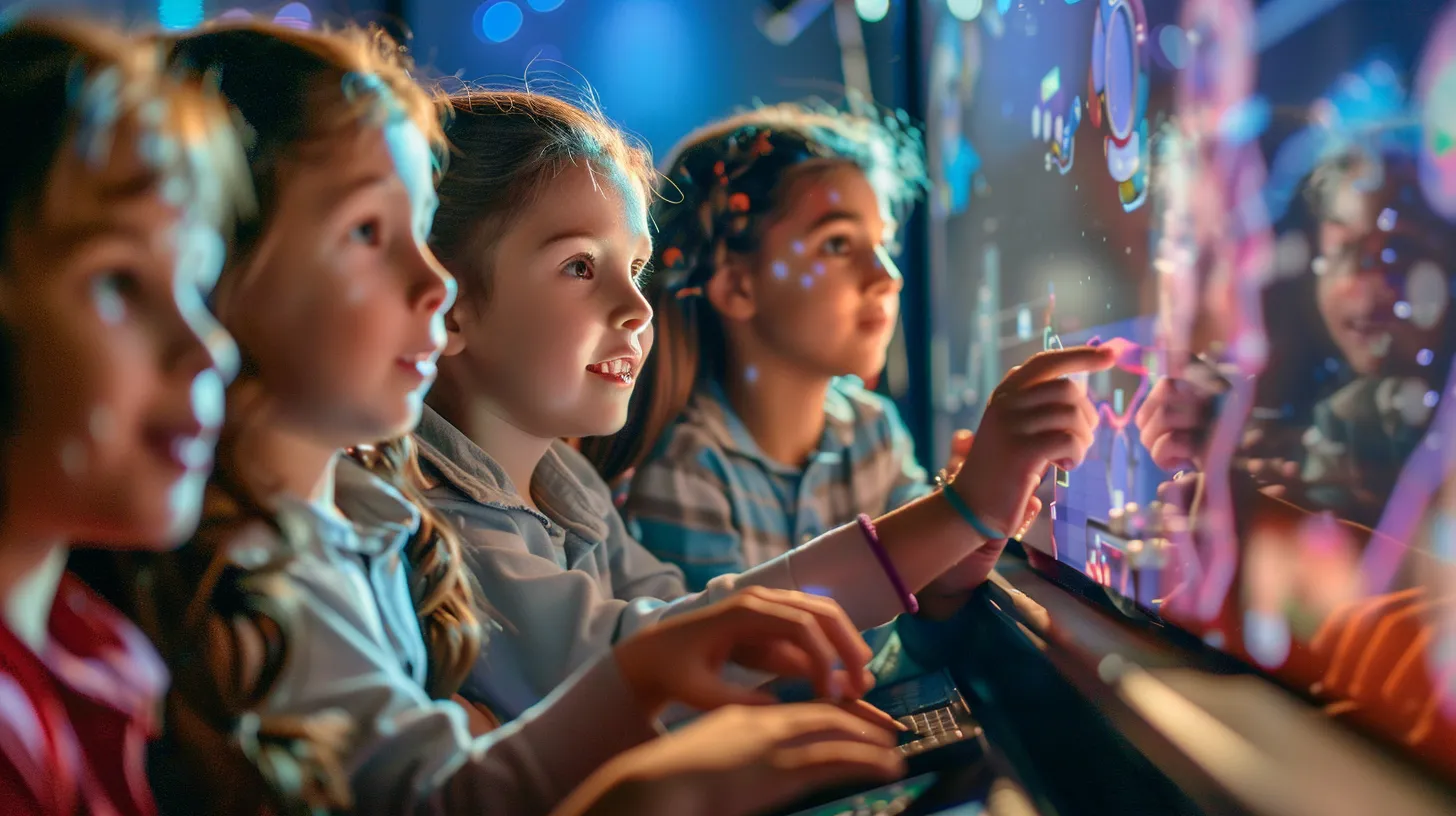 Activités pour enfants à Laval : Amusement et Découverte 3 Activités pour enfants à Laval : Amusement et Découverte une classe d'enfants captivés, réunis autour d'une expérience scientifique interactive dans un atelier lumineux et coloré à laval, avec des équipements modernes et des écrans affichant des animations éducatives fascinantes.