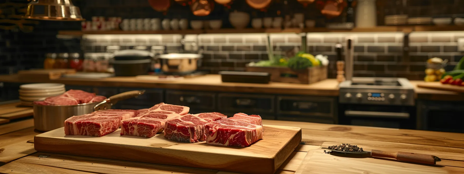 a clean, modern kitchen showcases an array of premium cuts of pasture-raised beef elegantly displayed on a rustic wooden butcher block, emphasizing the health benefits and rich nutritional value of locally sourced meats.