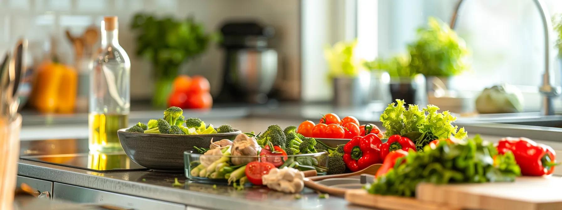 a clean, modern kitchen workspace featuring vibrant, fresh ingredients artfully arranged alongside specialized meal prep tools, illustrating the meticulous process of preparing safe and nutritious meals for a bearded dragon.