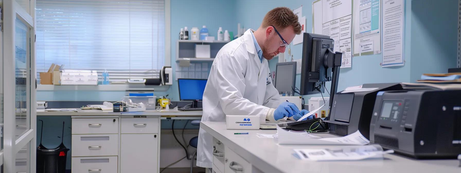 a clean, modern pest control office showcasing a focused technician using advanced diagnostic equipment to examine a detailed blueprint highlighting rodent entry points and nesting areas under bright, focused lighting.