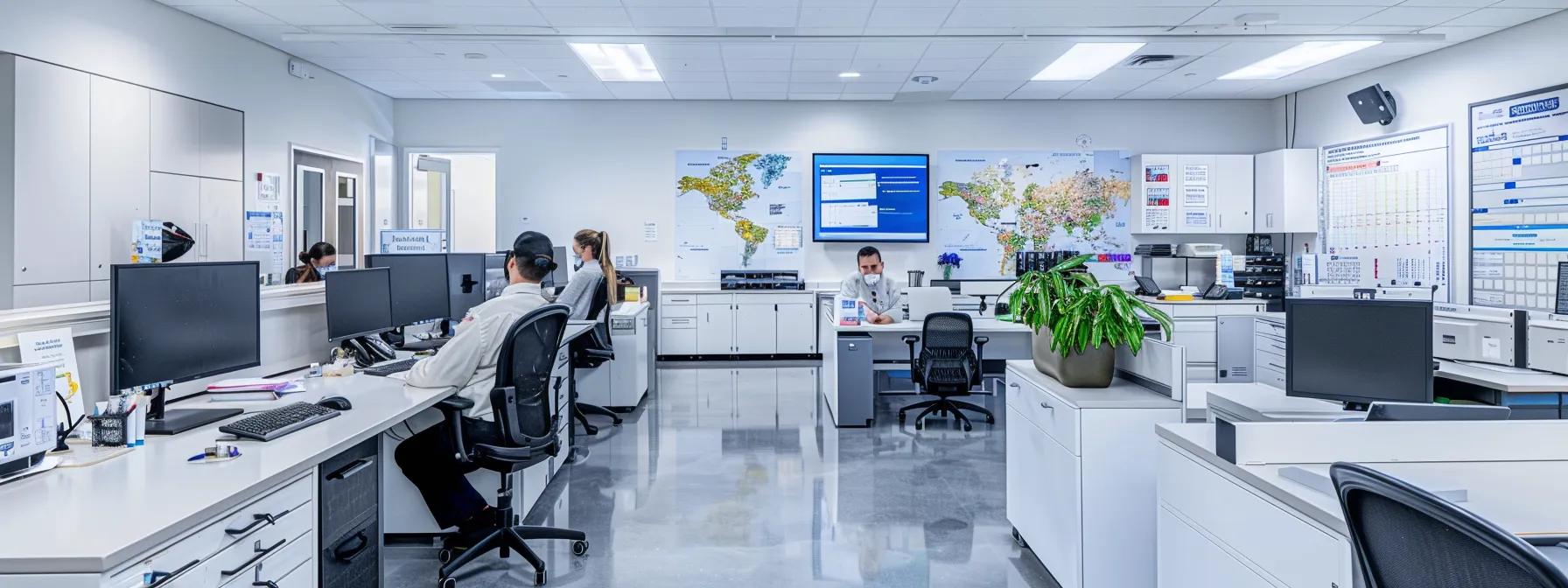a clean, modern pest control office bustling with technicians strategizing over a detailed map, equipped with advanced tools and traps, emphasizing the professionalism and expertise of mice control services.