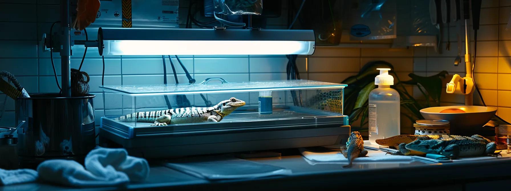 a clean, sterile reptile handling station, featuring a brightly lit countertop with sanitized tools, a carefully contained lizard in an enclosure, and relevant hygiene supplies prominently displayed, emphasizing the importance of safety and cleanliness in preventing health risks. a clean, sterile reptile handling station, featuring a brightly lit countertop with sanitized tools, a carefully contained lizard in an enclosure, and relevant hygiene supplies prominently displayed, emphasizing the importance of safety and cleanliness in preventing health risks.