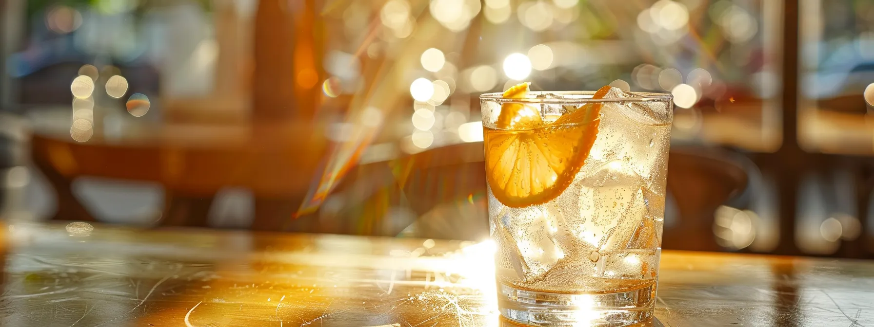 A sparkling drink in a clear glass with ice and a slice of citrus, sitting on a sunlit table with soft background blur, evoking calm, clarity, and a refreshing mood