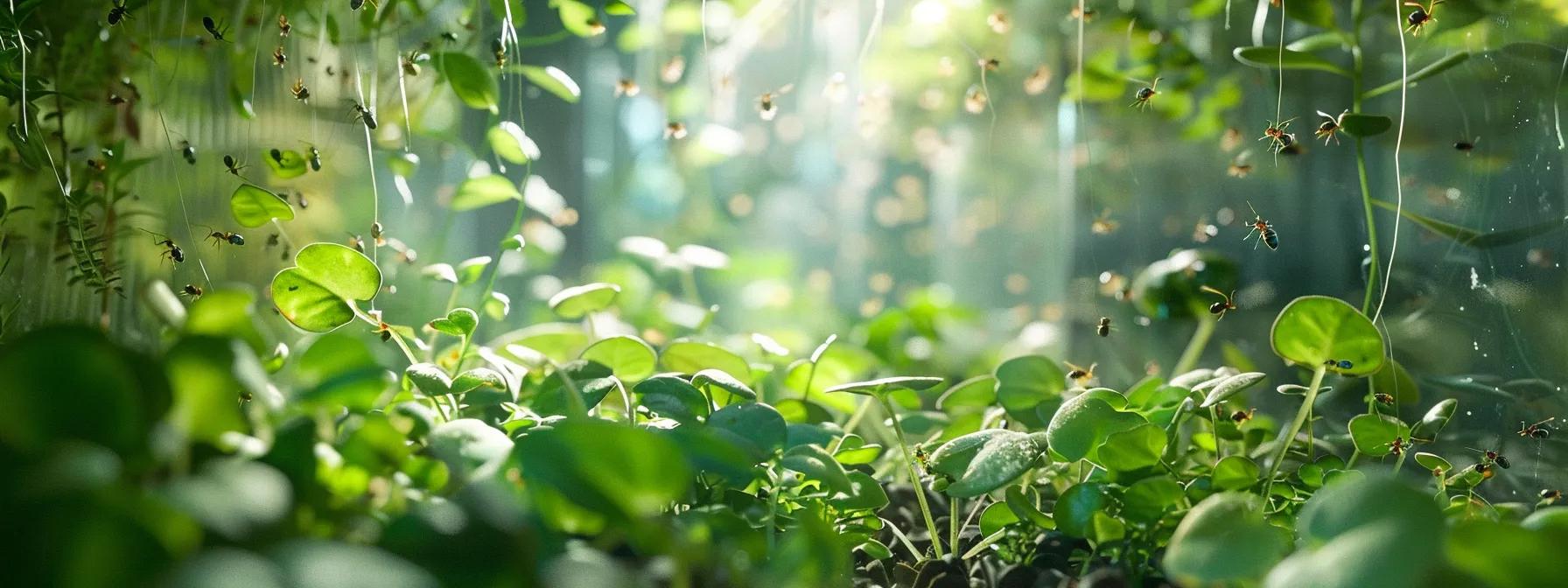 a close-up shot of a clear, organized ant farm with various edible plant pieces such as small leaves and herbs integrated into distinct sections, showcasing ants interacting with the non-toxic plant matter in a well-lit indoor setting. a close-up shot of a clear, organized ant farm with various edible plant pieces such as small leaves and herbs integrated into distinct sections, showcasing ants interacting with the non-toxic plant matter in a well-lit indoor setting.