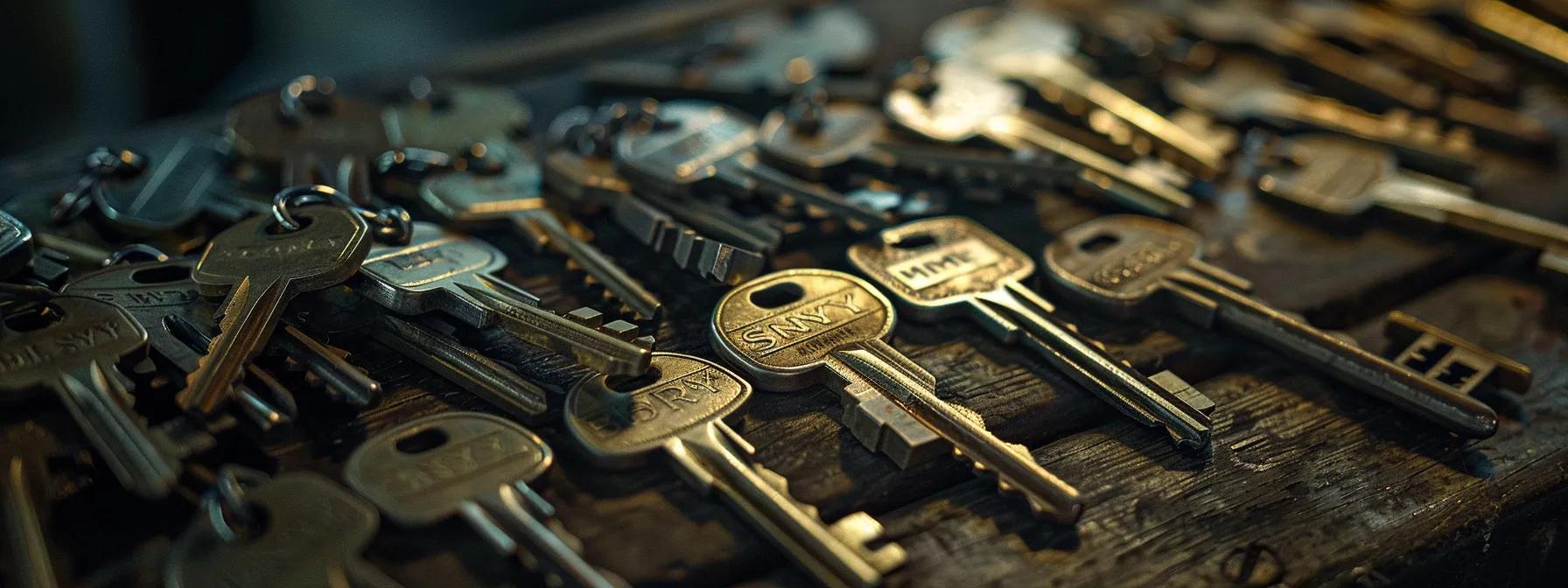 a close-up of a master key system displayed under dramatic lighting, showcasing intricate details of worn locks and keys to emphasize the importance of maintenance and security. a close-up of a master key system displayed under dramatic lighting, showcasing intricate details of worn locks and keys to emphasize the importance of maintenance and security.